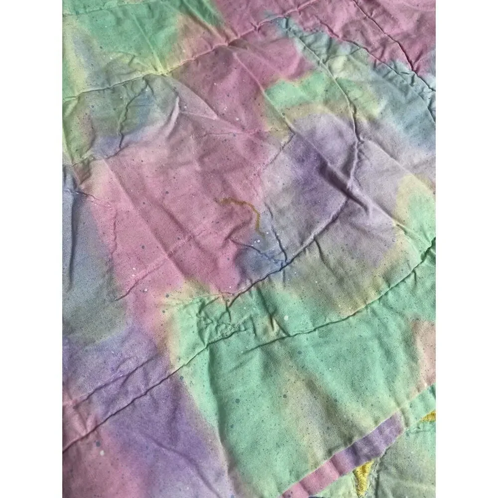 Vintage Whimsical Blanket Quilt Neon Colors Moon Stars Bunnies 47in X 31in